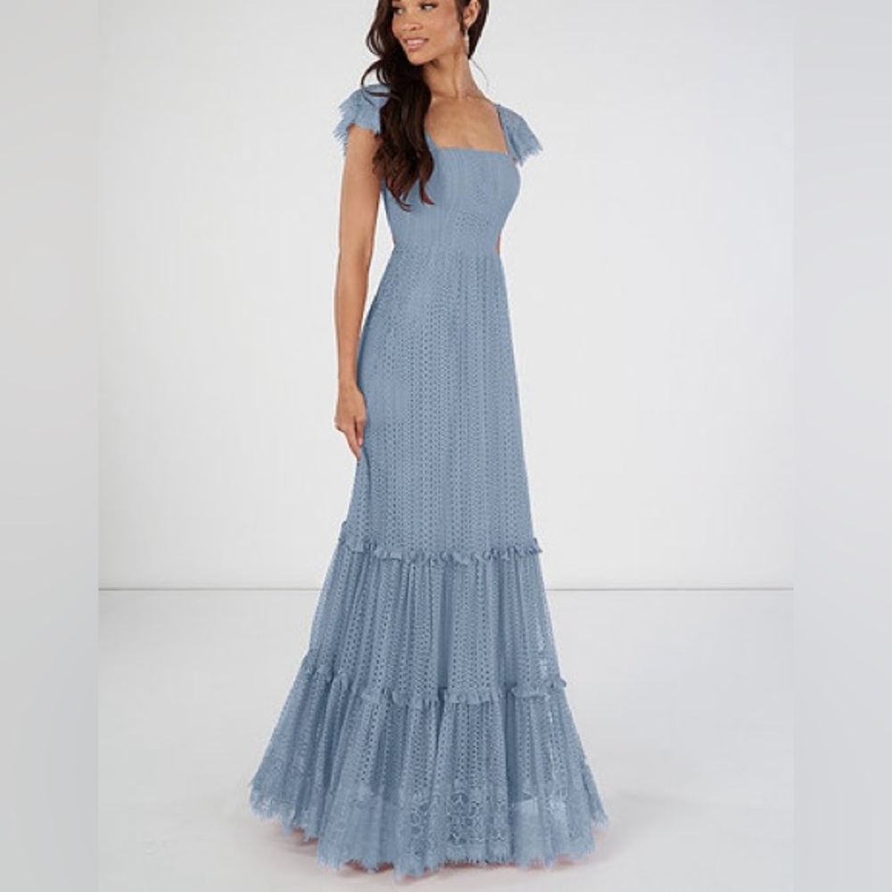 Azazie Dusty Blue A-line Lace Crochet Floor Length Dress